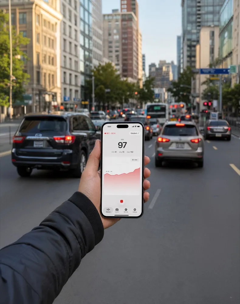 En iPhone med Decibel Meter holdes op på en trafikeret gade og viser 97 dBA